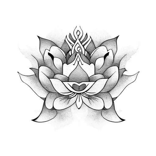 An Ethereal Woman With A Blackwork Tattoo Of Lotus Flowers And Feathers