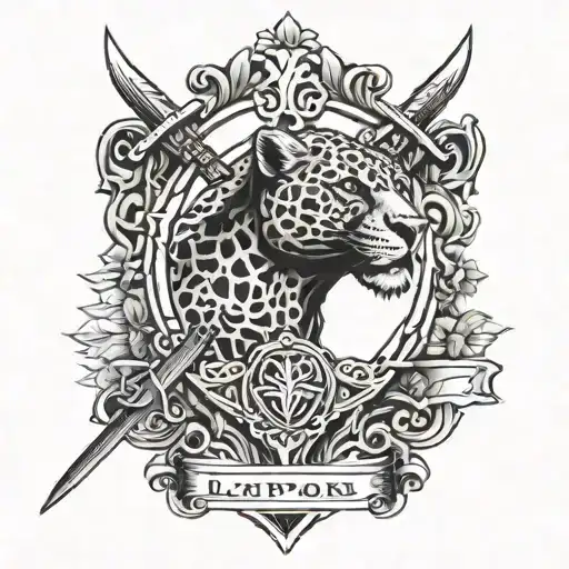 Leapord And Family Crest With Sword Embedded