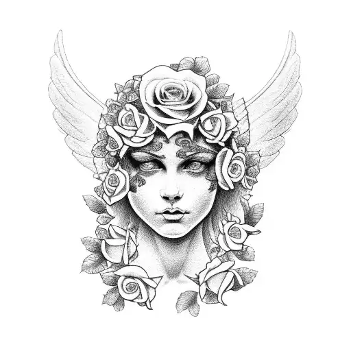 Angel With Cross And Roses On Forearm