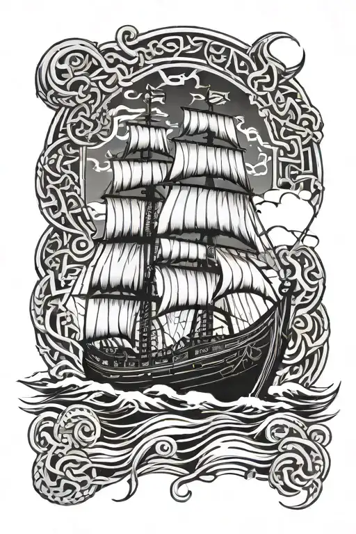 Viking Ship Sailing With Runes And Norse Gods Tyr Nordic God