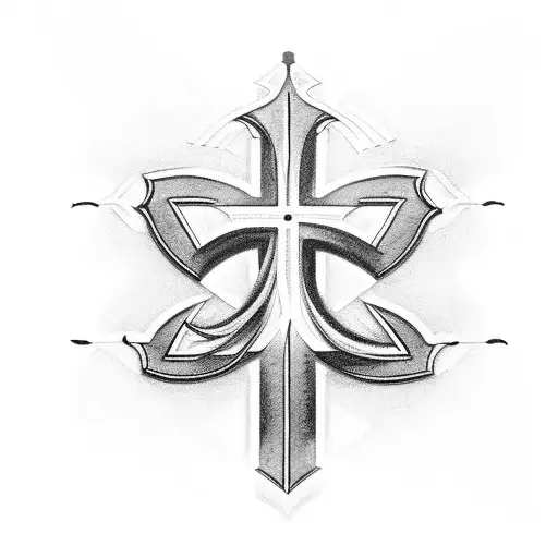 A Detailed Blackwork Tattoo Of A Christian Cross Reflecting Light With The Number 7