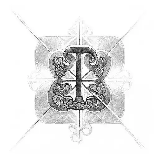 A Detailed Blackwork Tattoo Of A Christian Cross Reflecting Light With The Number 7 Forward