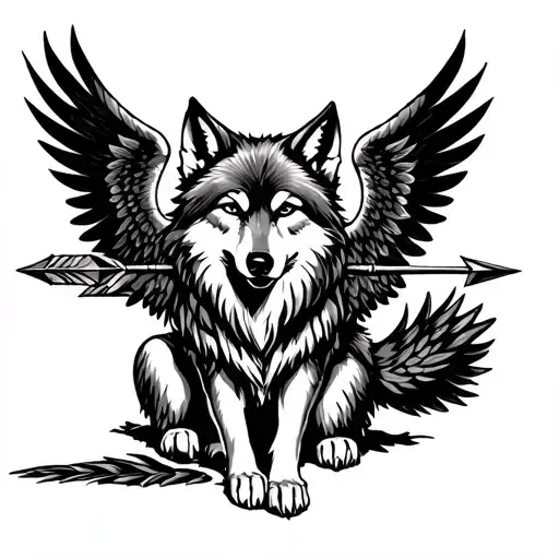 Wolf With Arrows And Wings Sitting
