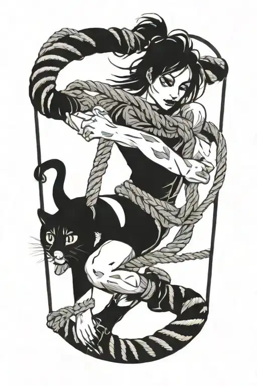 A Female Acrobat On A Rope With A Cat Perched On Her Shoulder