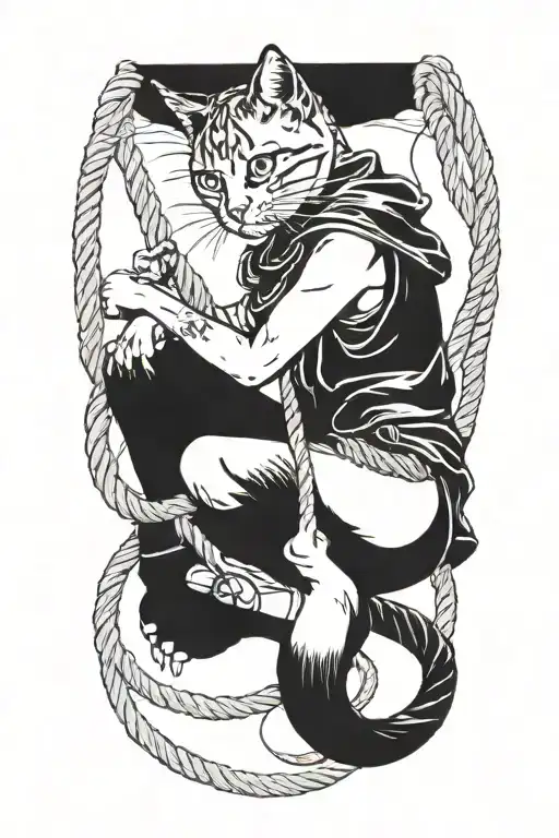 A Woman Climbing Up A Rope With A Cat Perched On Her Shoulder