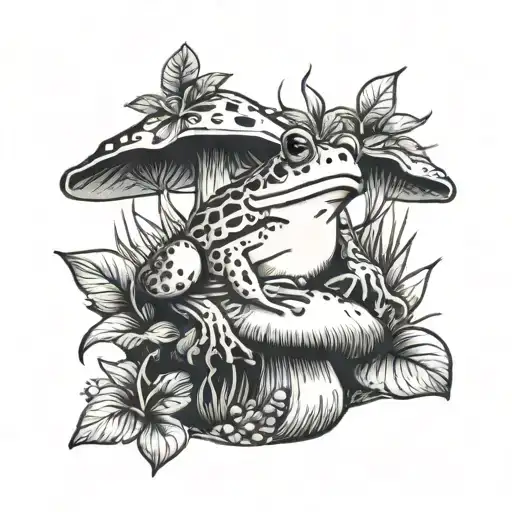 A Whimsical Design Featuring A Frog Sitting On A Mushroom Surrounded By Lush Plants