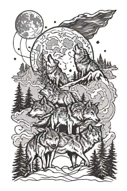 A Pack Of Wolves Howling At The Moon In A Snowy Wilderness