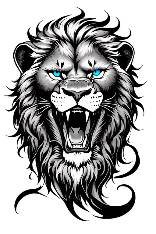 Roaring Lion Face Dark Blue Eyes Drawn Sharp
