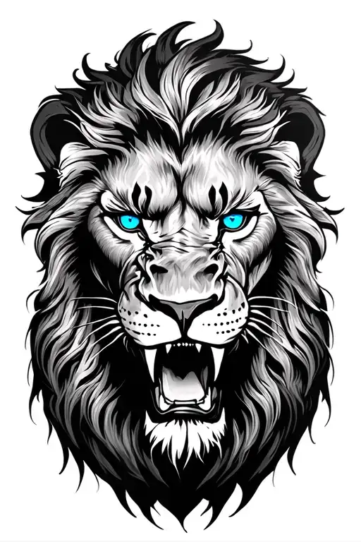 Roaring Lion Face Dark Blue Eyes Drawn Sharp