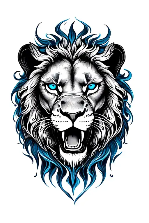 Roaring Lion Face Dark Blue Eyes Drawn Sharp