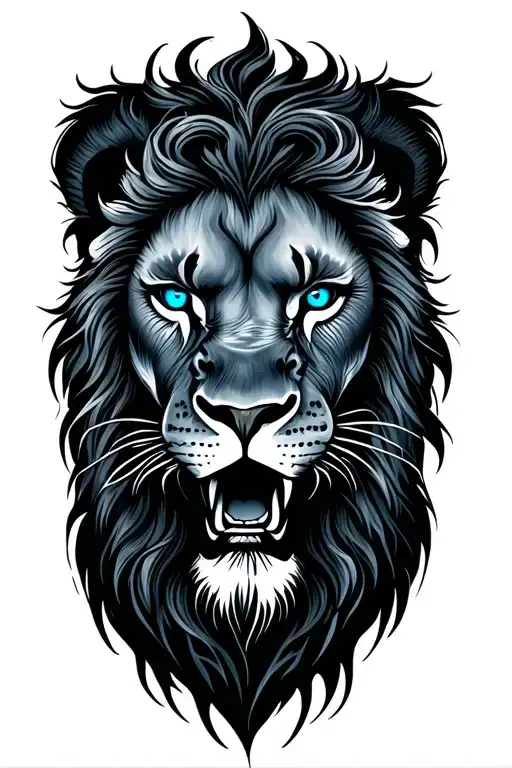 Roaring Lion Face Dark Blue Eyes Drawn Sharp