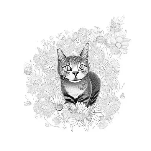 A Blackwork Tattoo Of A Cat Gracefullyl Walking Through A Field Of Wildflowers