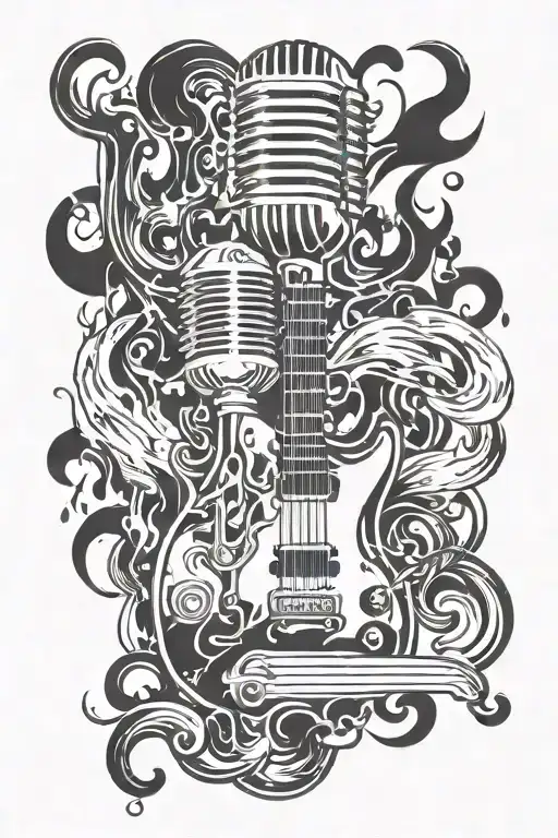 A Microphone And Electric Guitar With Flames And Musical Notes Coming Out Of Them