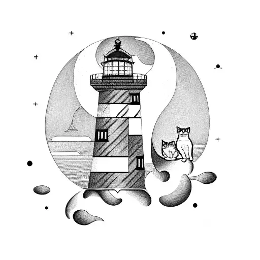 Lighthouse With Two Cats Sleeping Around It