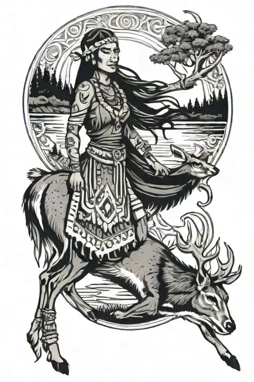 Native American Woman Dragging A Deer