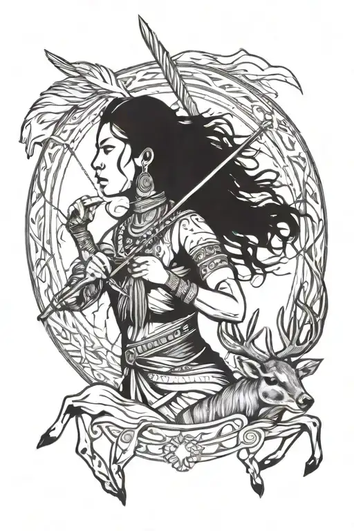 Native American Woman Dragging A Deer And Holding A Bow