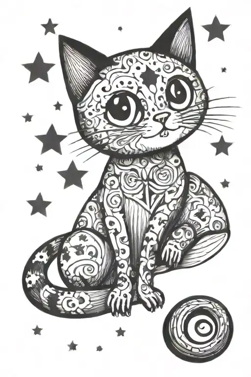 Coraline Cat Sitting With Stars Shining Full Moon