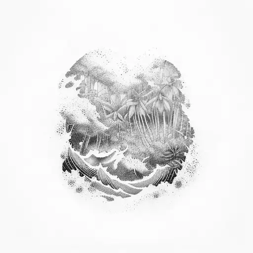 A Tattoo Of A Lush Tropical Forest With A Hidden Wave Breaking Through The Trees