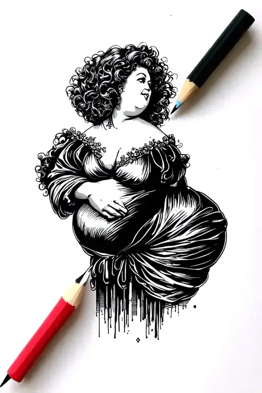 Make A Black And White Tatoo Of A Fat Woman With A Curly Hair Curly And Victorian Length