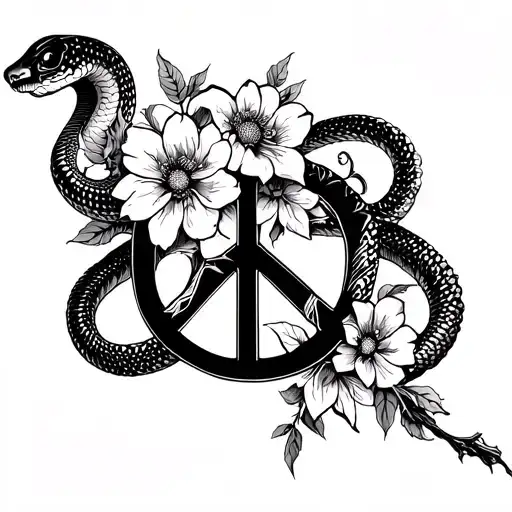 Snake Over Peace Symbol Combined With Baroque Flowers