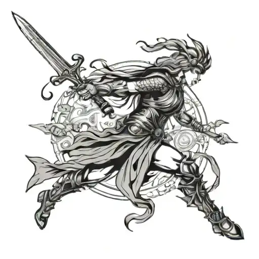 Back Tattoo Of Valkyrie Holding Sword Running Down Spine