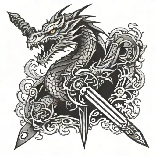 Dragon Wrapped Around A Sword With Flames Right Arm
