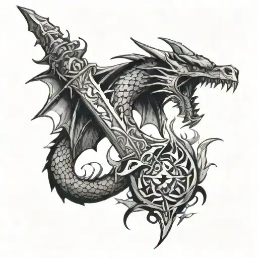 Dragon Wrapped Around A Sword With Flames Right Arm