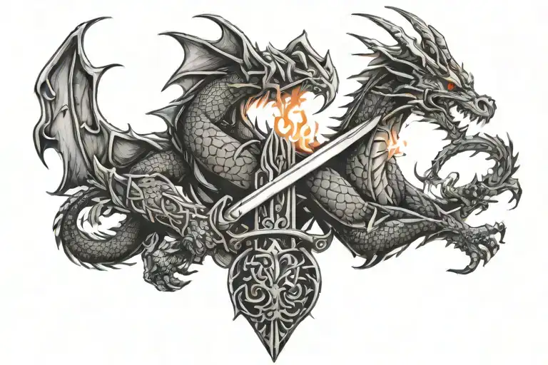 Dragon Wrapped Around A Sword With Flames Right Arm