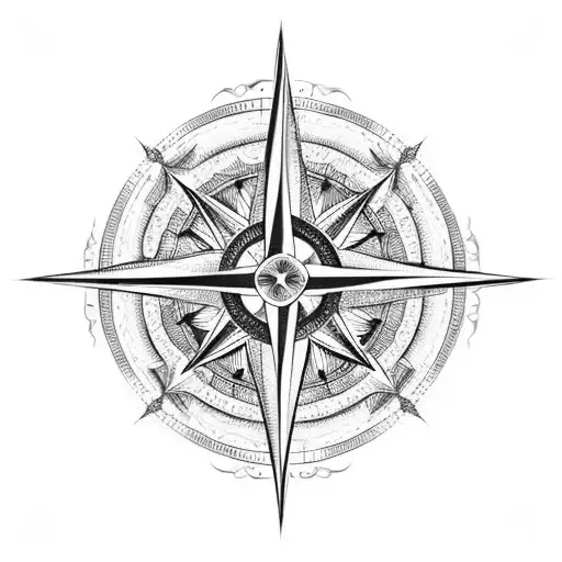 An Intricately Designed Compass Rose With Waves And Seagulls