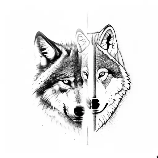 Daddy Wolf Protecting Baby Wolf In A Dark Forest