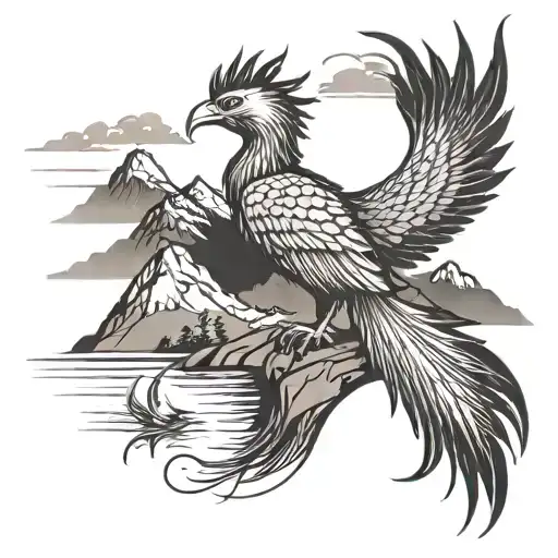 Phoenix Rising From A River With Mountains To The Side