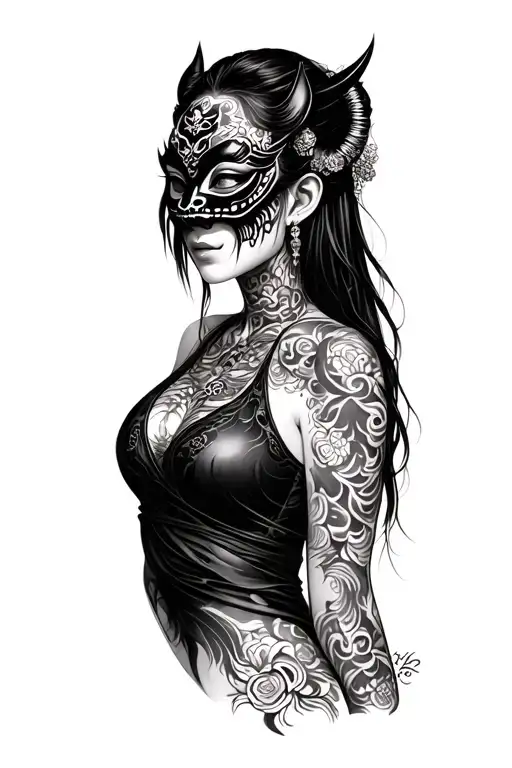 Asian Girl With Oni Mask Adorned