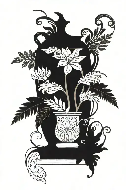 Black And White Tall Ornamented Greek Vase With A Few Ferns And Lilys
