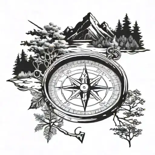 A Compass With Oceans Trees And Mountains In The Middle With An Arrow Shooting Through The Compass