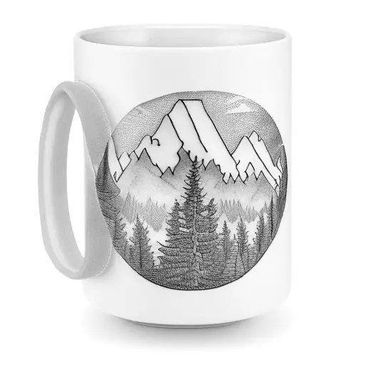 A Coffee Mug Surrounded By Lush Green Mountains
