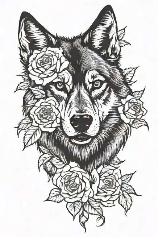 A Wolf With Roses And Skulls