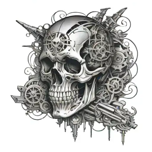 A Skull With Intricate Mechanical Details Inspired By Muscle Cars And Harley Davidson Motorcycles
