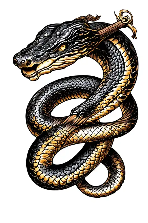 Bronze Snake Around A Wood Staff