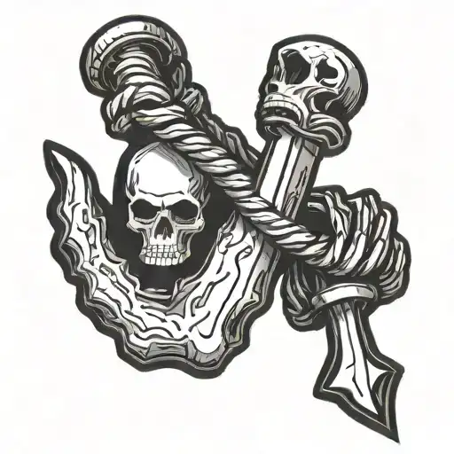 Skeletal Hand Holding A Rope With A Sword Of Damocles Hanging From It