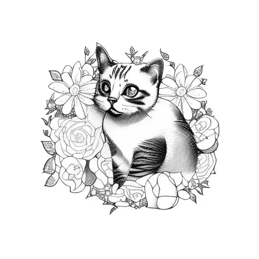 A Blackwork Tattoo Of A Cat Curled Up Among A Bed Of Flowers