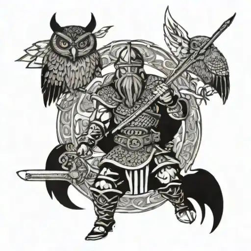 Viking Warrior Wielding A Sword In A Temple Surrounded By Owls