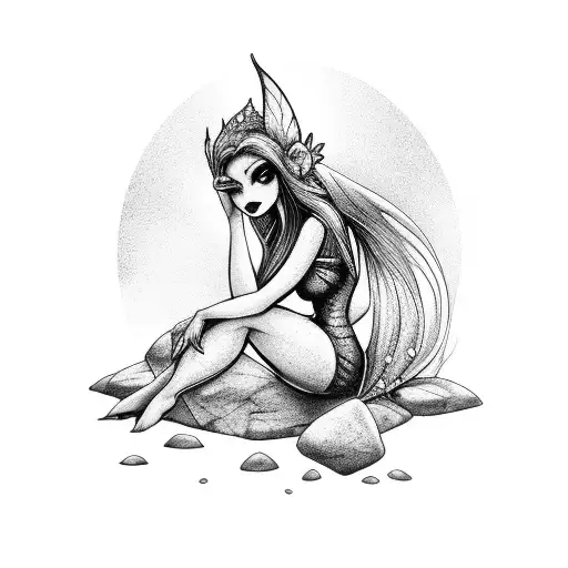 Dark Fairy Sitting On A Rock With Moonlight Reflection