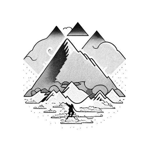 A Majestic Blackwork Tattoo Of A Mountain Landscape With A Hiker Conquering The Summit