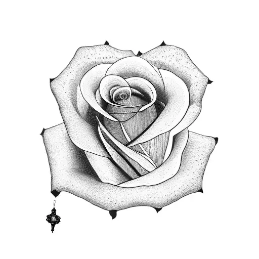 A Blackwork Tattoo Of A Rose With The Rosary Wrapped Around Its Stem