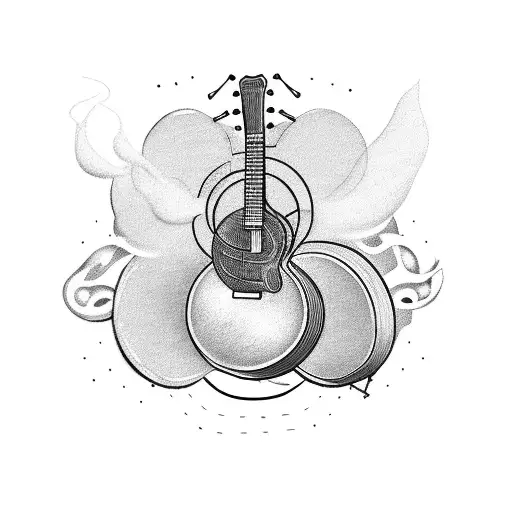 A Guitar And Drum Set Intertwined With Smoke