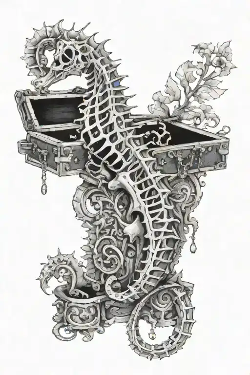 Seahorse Skeleton With Tail Wrapped Around Treasure Chest