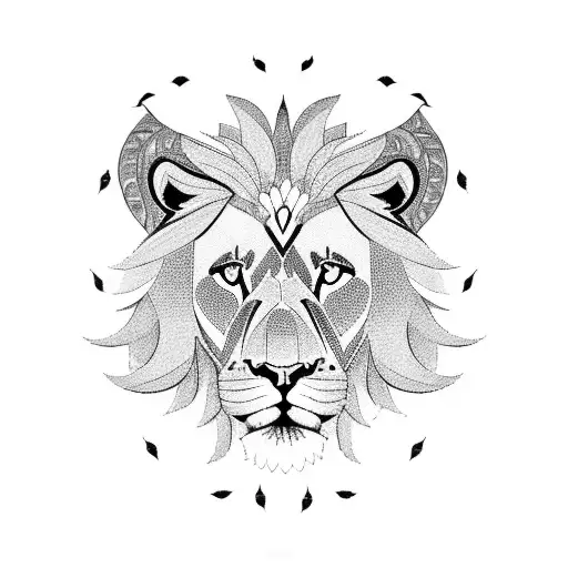 A Majestic Lion Surrounded By Flowers And Trees In A Blackwork Style