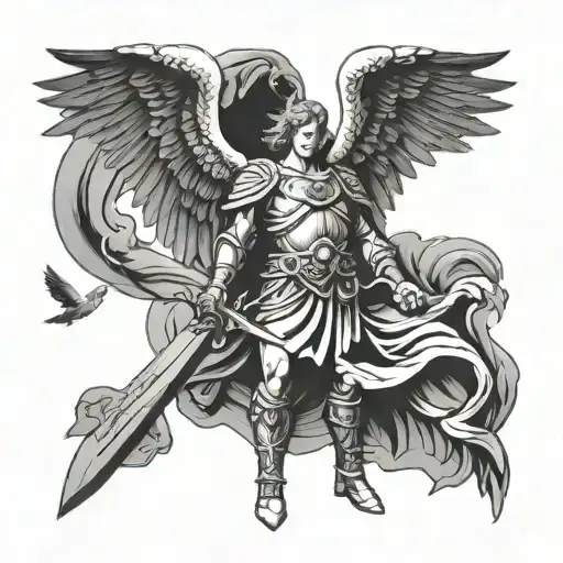 Archangel Michael With A Sword And Wings Against A Sky Of Doves