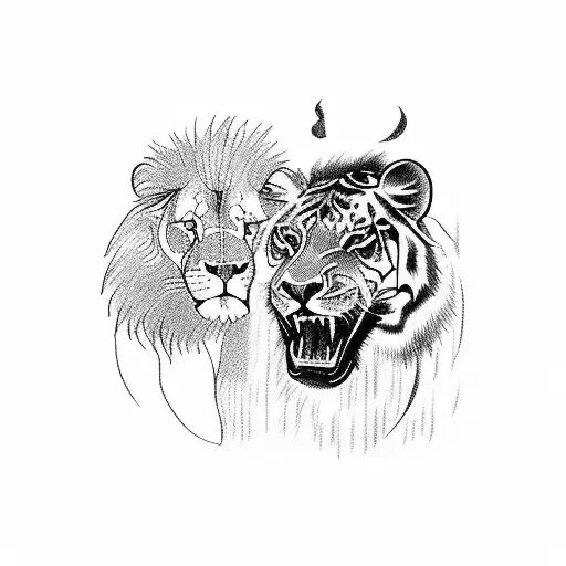 A Blackwork Tattoo Of A Lion And A Tiger Engaged In A Fierce Battle