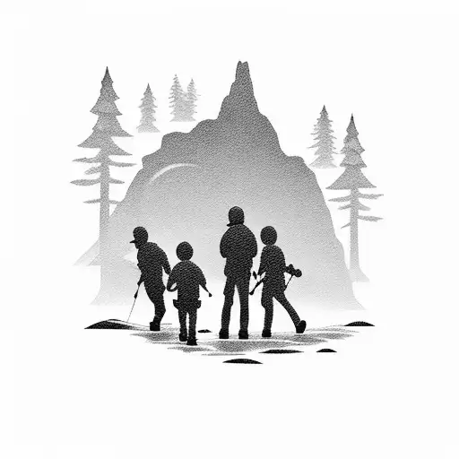 Silhouette With A Father And Two Sons Hiking At Sunset